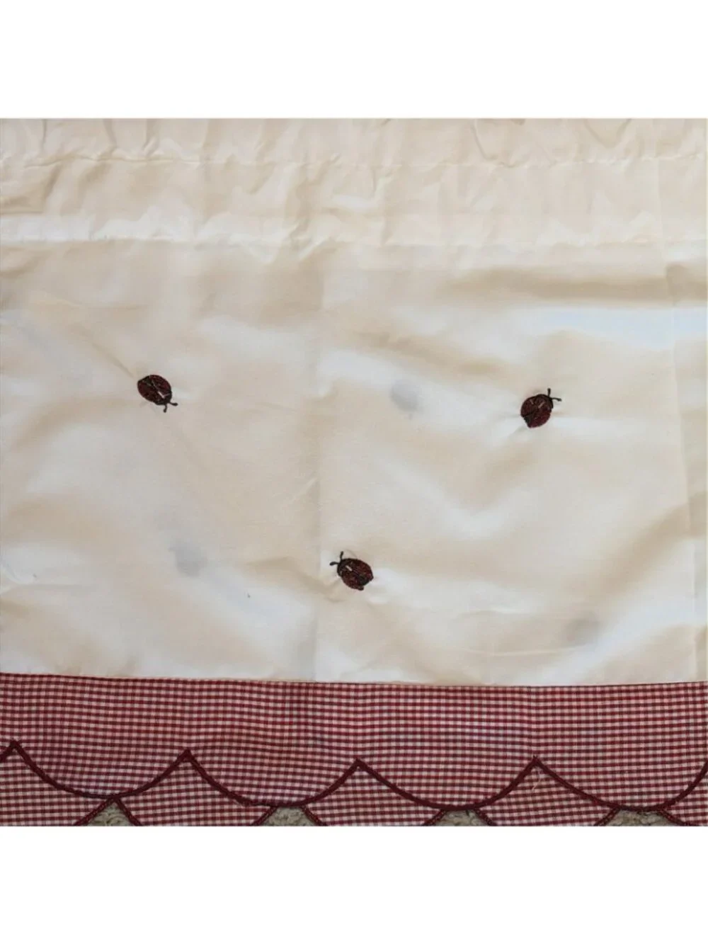 Lorraine Ladybug Meadow Valance & Panels Curtain Set Red Gingham Cottagecore
